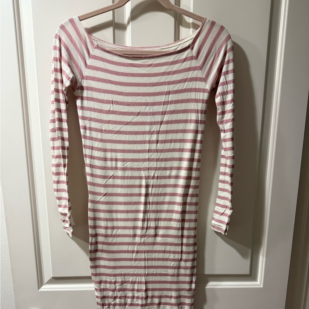 ATM Pink and White Striped Long Sleeve Dress